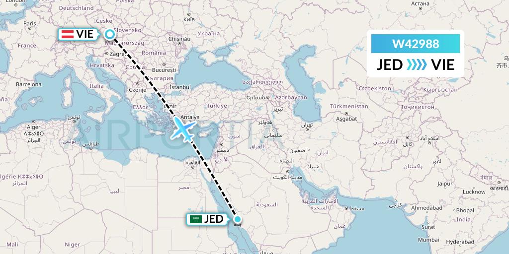 W42988 Wizz Air Malta Flight Map: Jeddah to Vienna