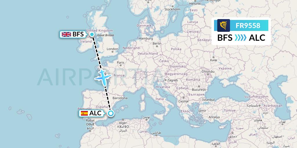 FR9558 Ryanair Flight Map: Belfast to Alicante