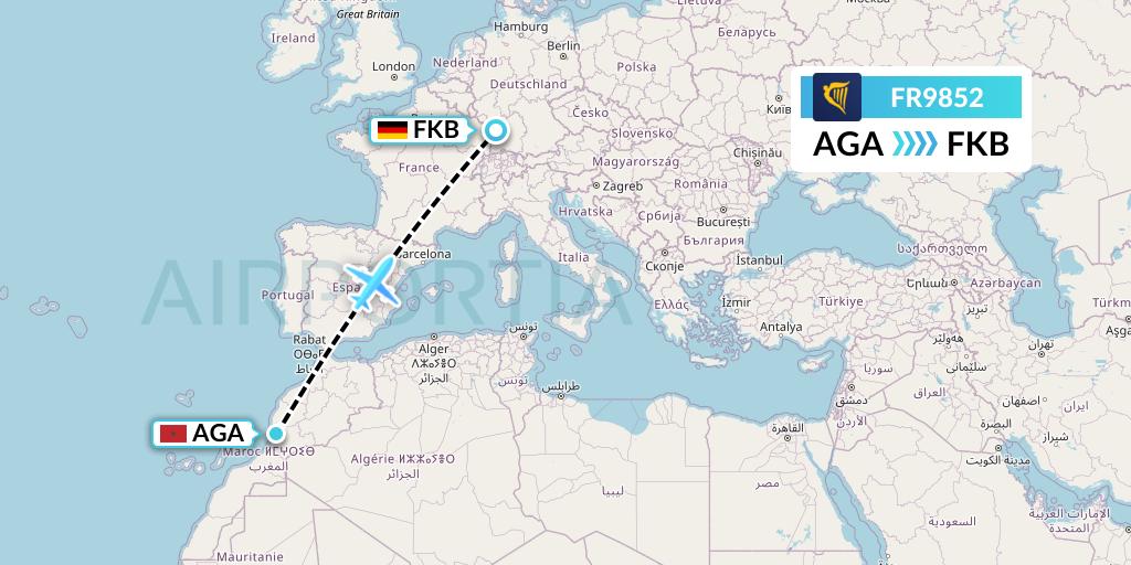 FR9852 Ryanair Flight Map: Agadir to Karlsruhe/Baden-Baden