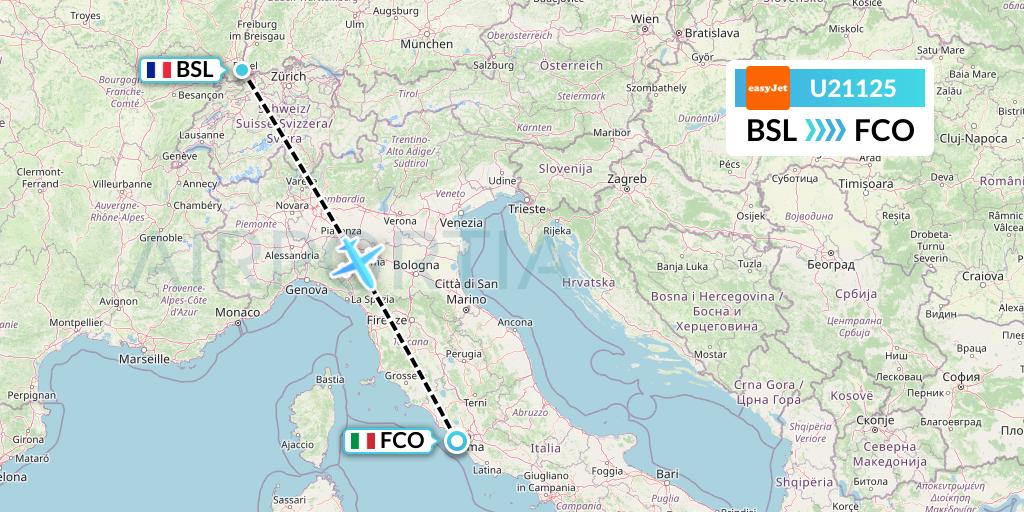 U21125 EasyJet Flight Map: Basel to Rome