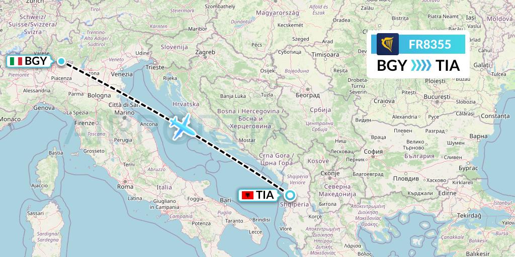 FR8355 Ryanair Flight Map: Milan to Tirana