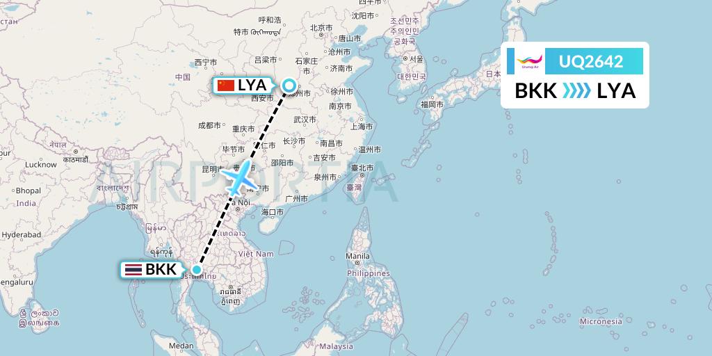UQ2642 Urumqi Airlines Flight Map: Bangkok to Luoyang