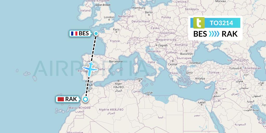 TO3214 Transavia France Flight Map: Brest to Marrakesh 