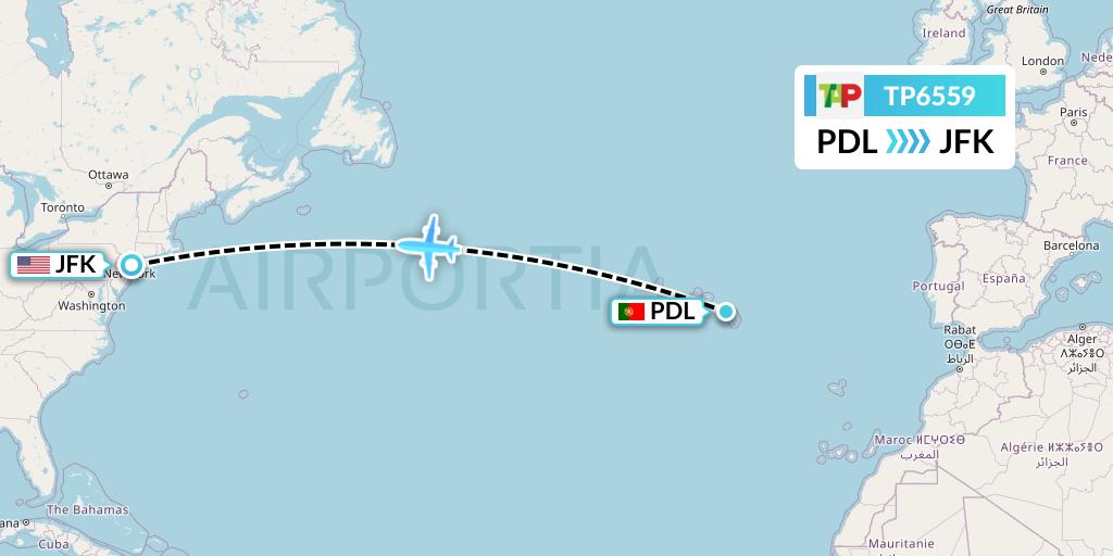 TP6559 TAP Portugal Flight Map: Ponta Delgada to New York