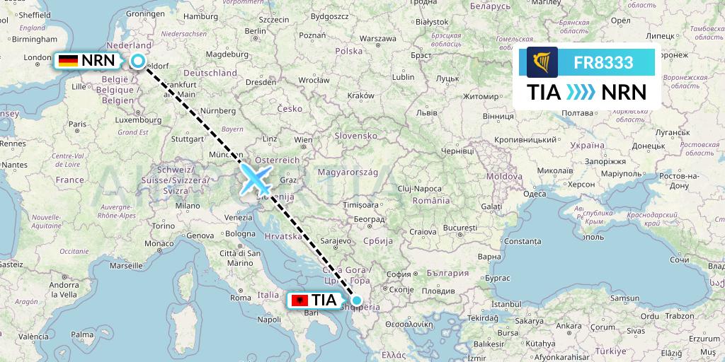 FR8333 Ryanair Flight Map: Tirana to Weeze