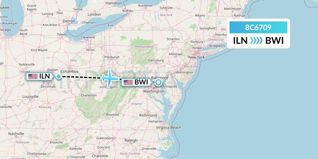 8C6709 Air Transport International Flight Map: Wilmington to Baltimore