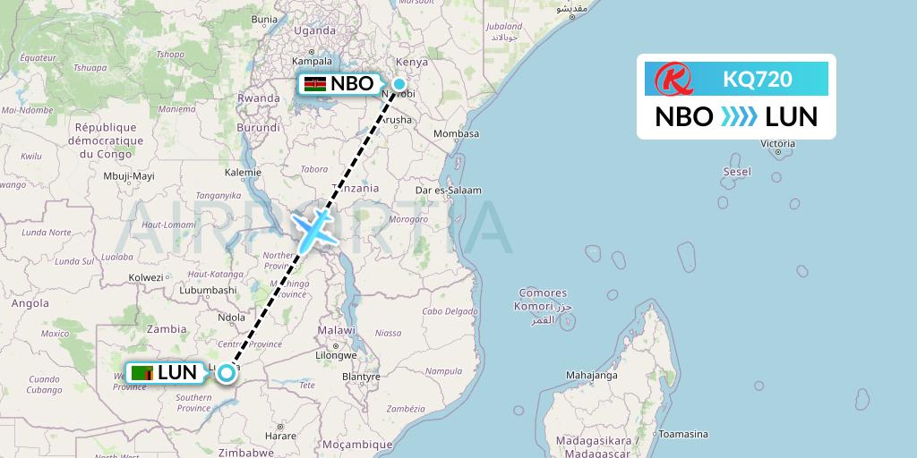 KQ720 Kenya Airways Flight Map: Nairobi to Lusaka