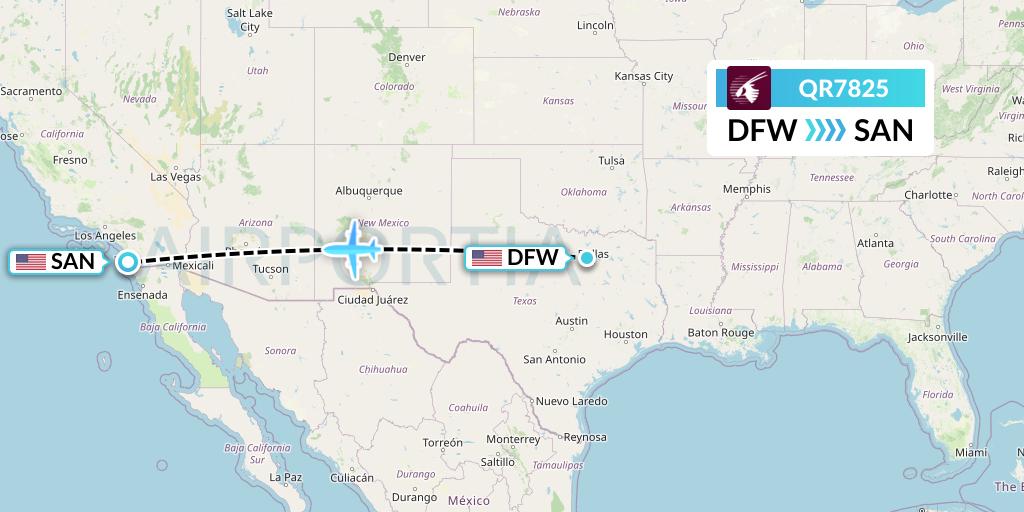 QR7825 Qatar Airways Flight Map: Dallas to San Diego