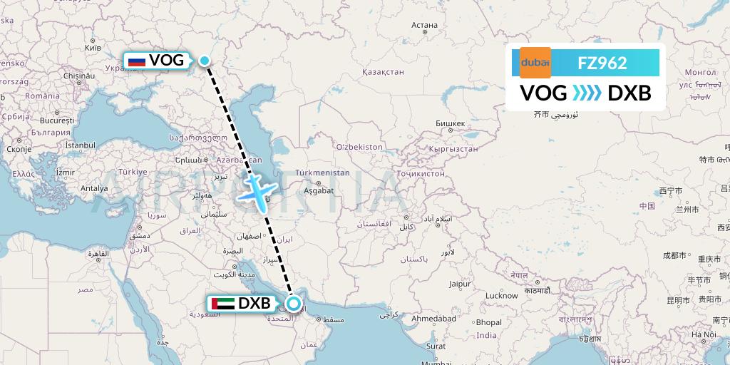 FZ962 FlyDubai Flight Map: Volgograd to Dubai