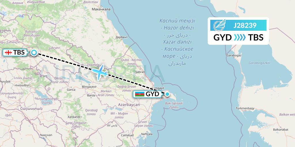 J28239 Azerbaijan Airlines Flight Map: Baku to Tbilisi