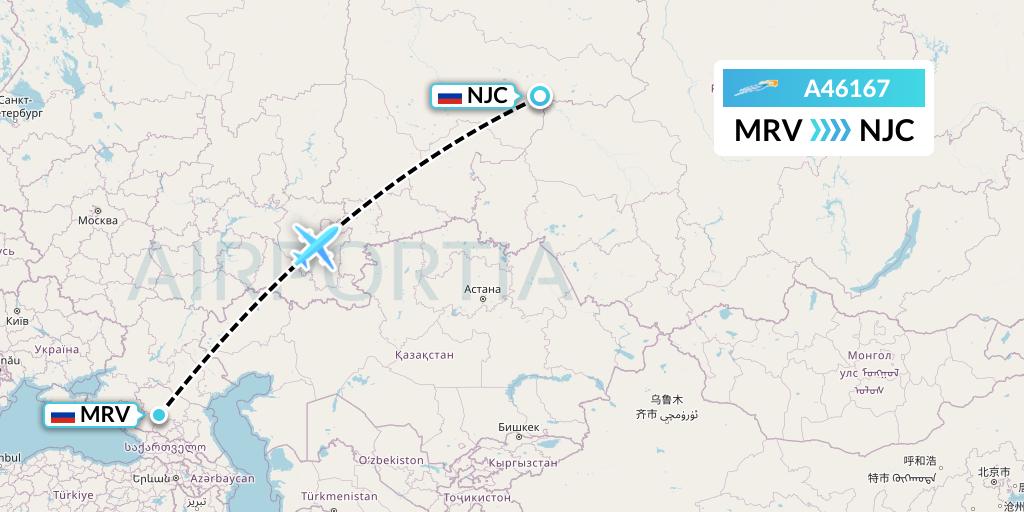 A46167 Azimuth Airlines Flight Map: Mineralnye Vody to Nizhnevartovsk