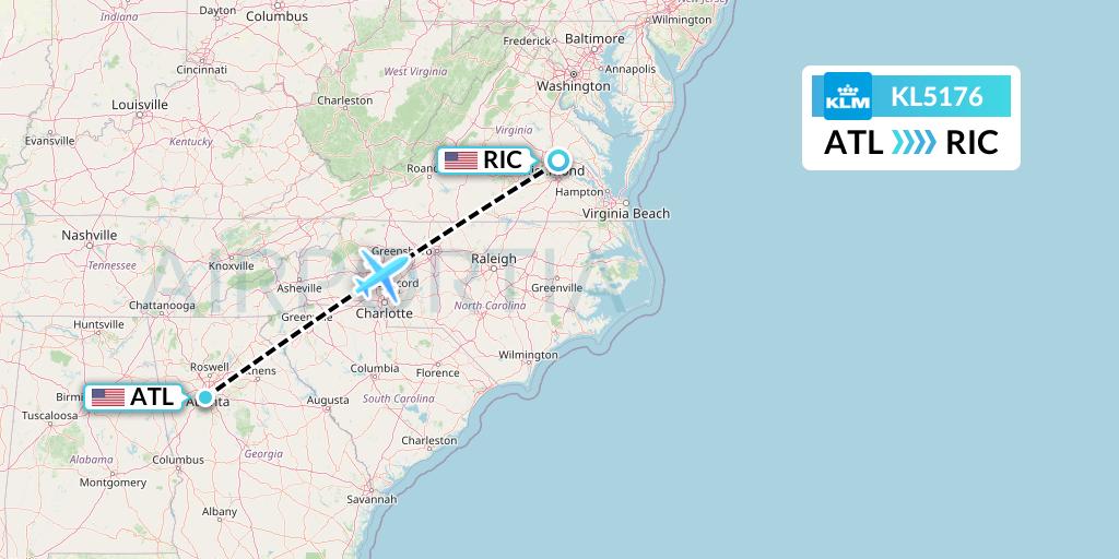 KL5176 KLM Flight Map: Atlanta to Richmond