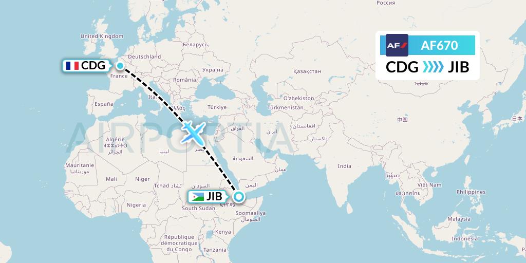 AF670 Air France Flight Map: Paris to Djibouti