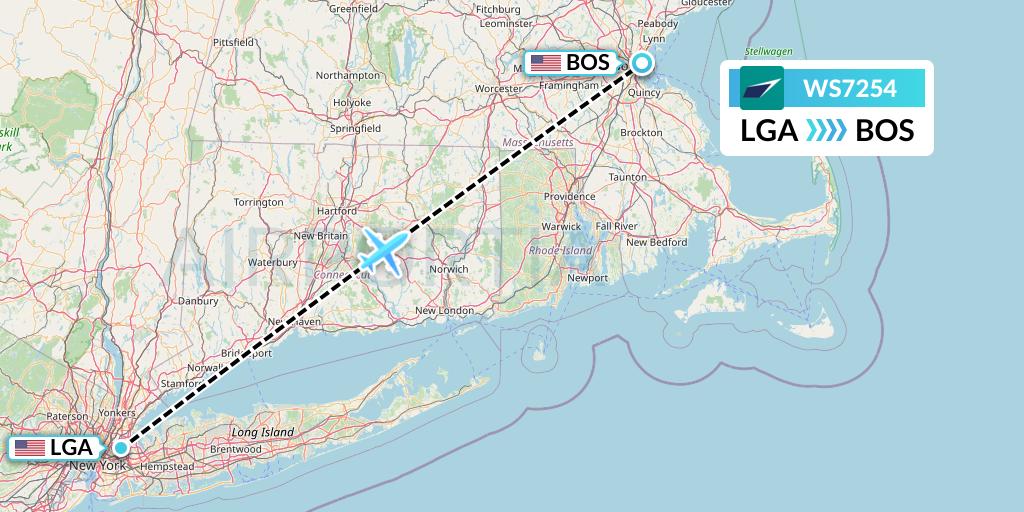 WS7254 WestJet Flight Map: New York to Boston
