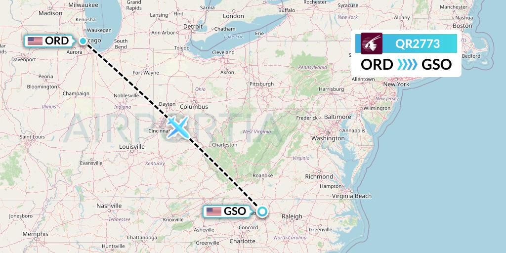 QR2773 Qatar Airways Flight Map: Chicago to Greensboro