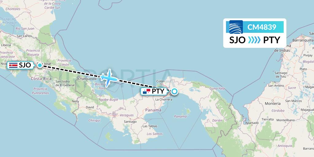 CM4839 Copa Airlines Flight Map: San Jose to Panama City