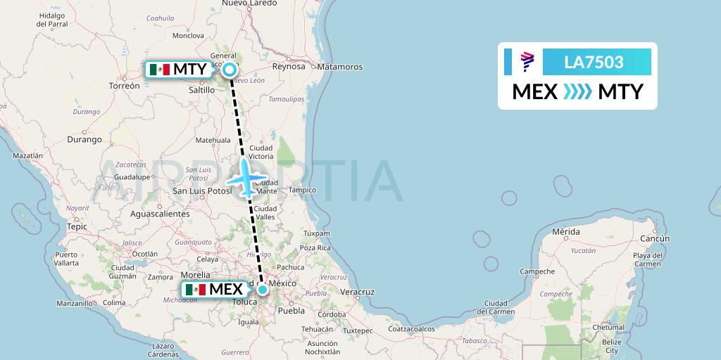 LA7503 LAN Airlines Flight Map: Mexico City to Monterrey