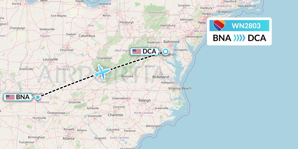 WN2803 Southwest Airlines Flight Map: Nashville to Washington
