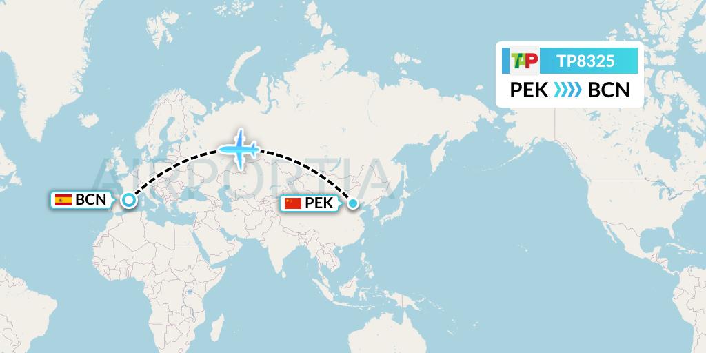 TP8325 TAP Portugal Flight Map: Beijing to Barcelona