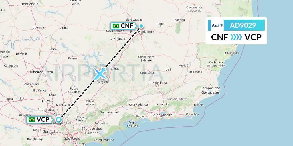AD9029 Azul Brazilian Airlines Flight Map: Belo Horizonte to Campinas