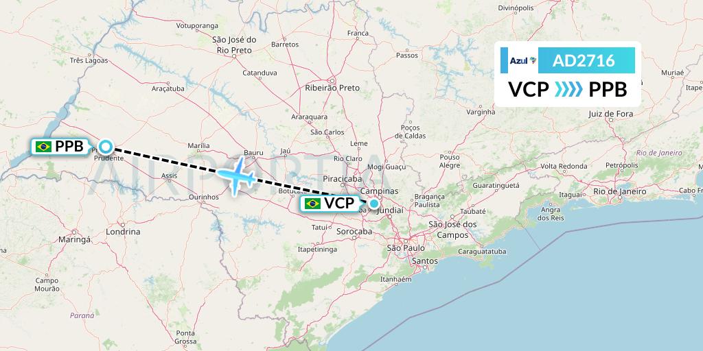 AD2716 Azul Brazilian Airlines Flight Map: Campinas to Presidente Prudente