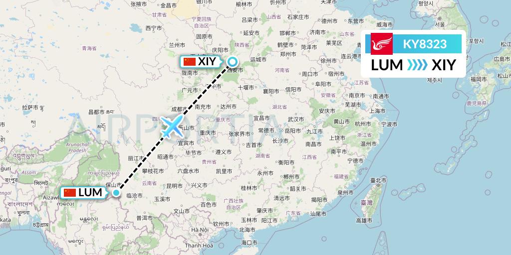 KY8323 Kunming Airlines Flight Map: Mangshi to Xi'an