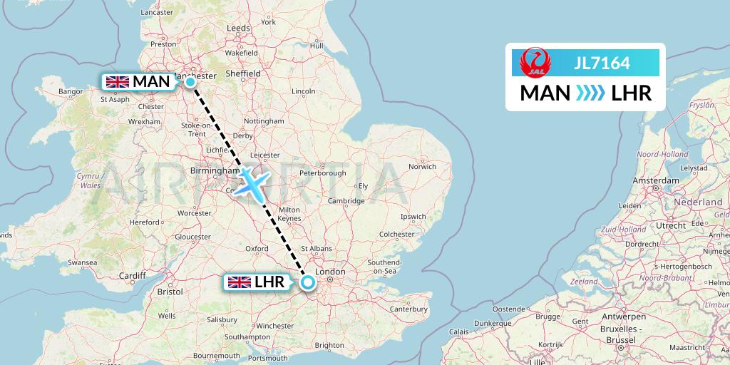 JL7164 Japan Airlines Flight Map: Manchester to London