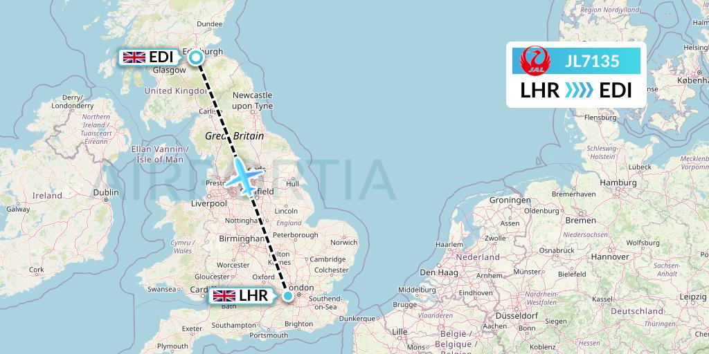 JL7135 Japan Airlines Flight Map: London to Edinburgh