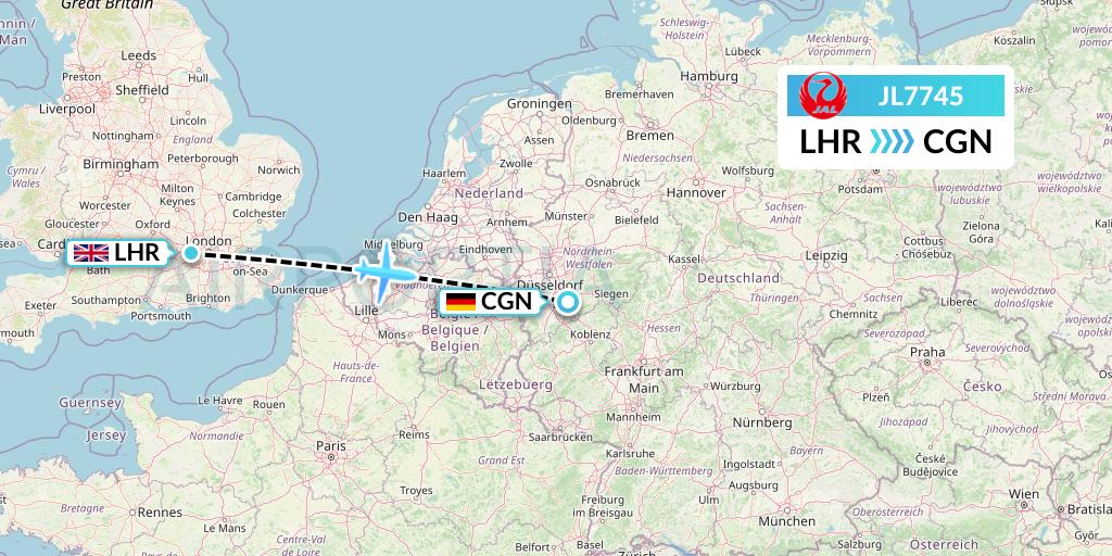 JL7745 Japan Airlines Flight Map: London to Cologne