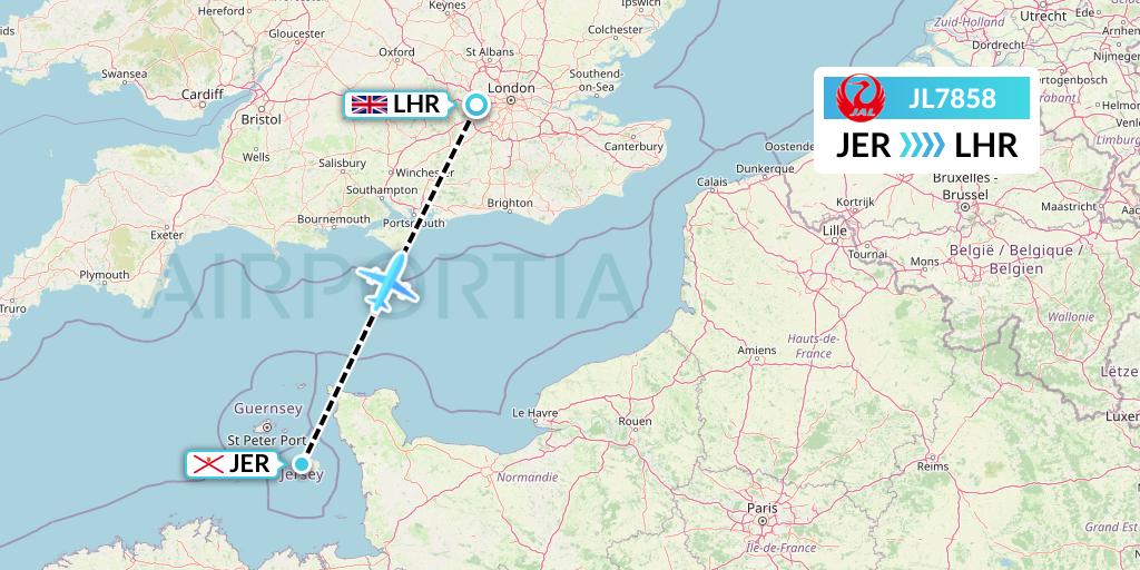 JL7858 Japan Airlines Flight Map: Jersey to London