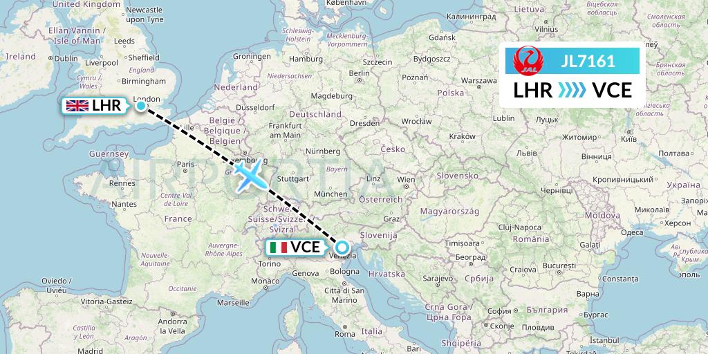 JL7161 Japan Airlines Flight Map: London to Venice