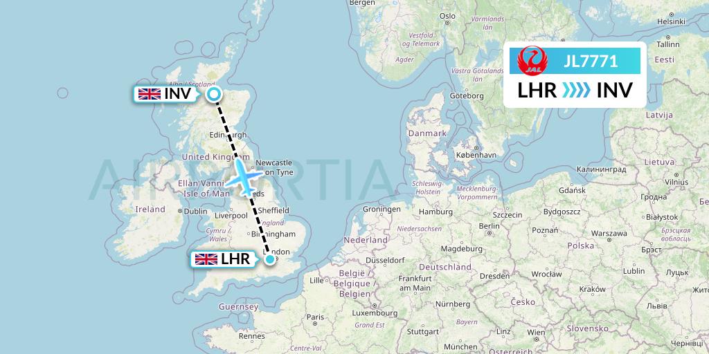 JL7771 Japan Airlines Flight Map: London to Inverness