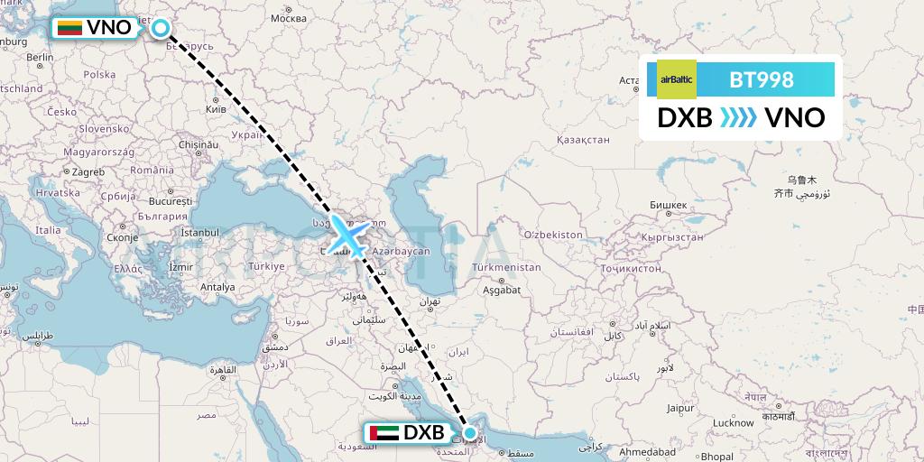 BT998 Air Baltic Flight Map: Dubai to Vilnius