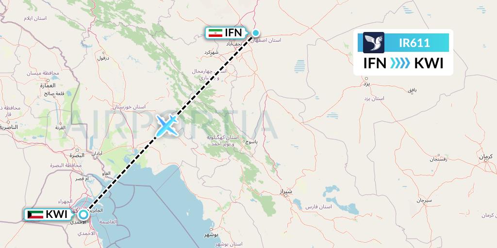 IR611 Iran Air Flight Map: Isfahan to Kuwait City