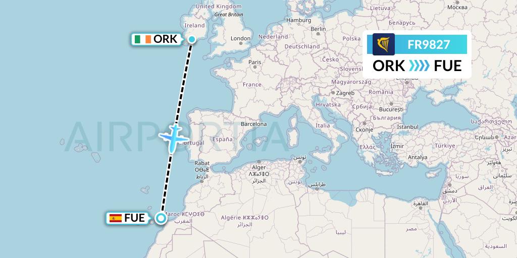 FR9827 Ryanair Flight Map: Cork to Fuerteventura
