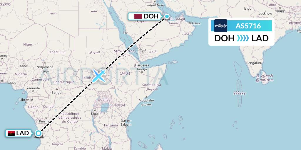 AS5716 Alaska Airlines Flight Map: Doha to Luanda