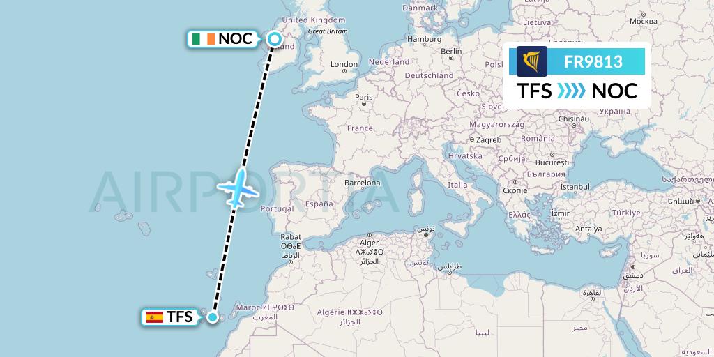 FR9813 Ryanair Flight Map: Tenerife to Knock