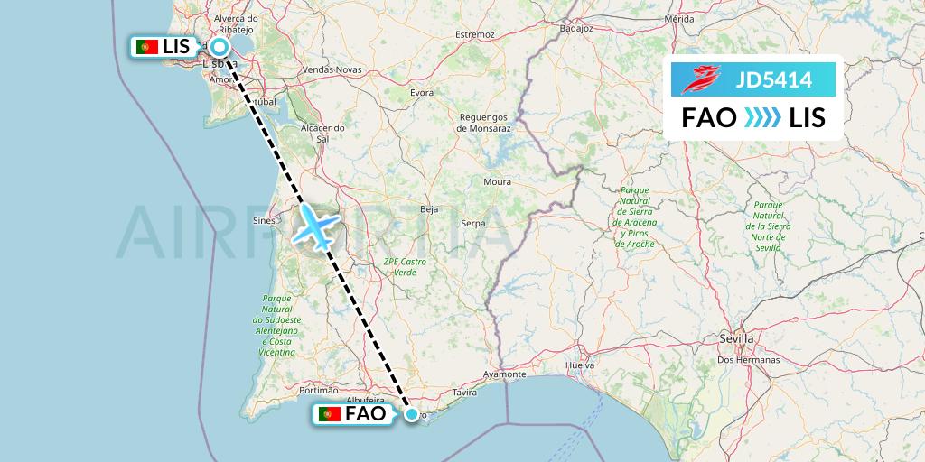 JD5414 Capital Airlines Flight Map: Faro to Lisbon