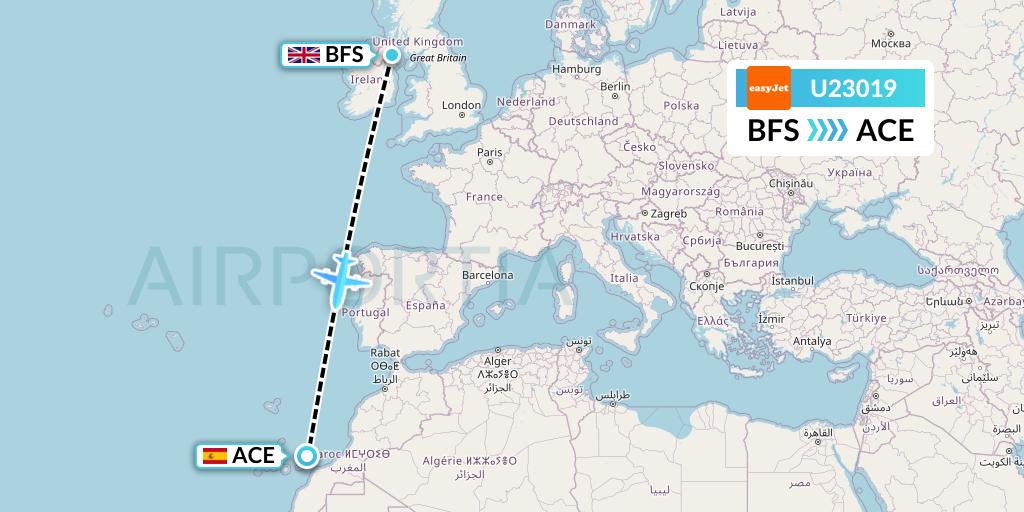 U23019 EasyJet Flight Map: Belfast to Lanzarote