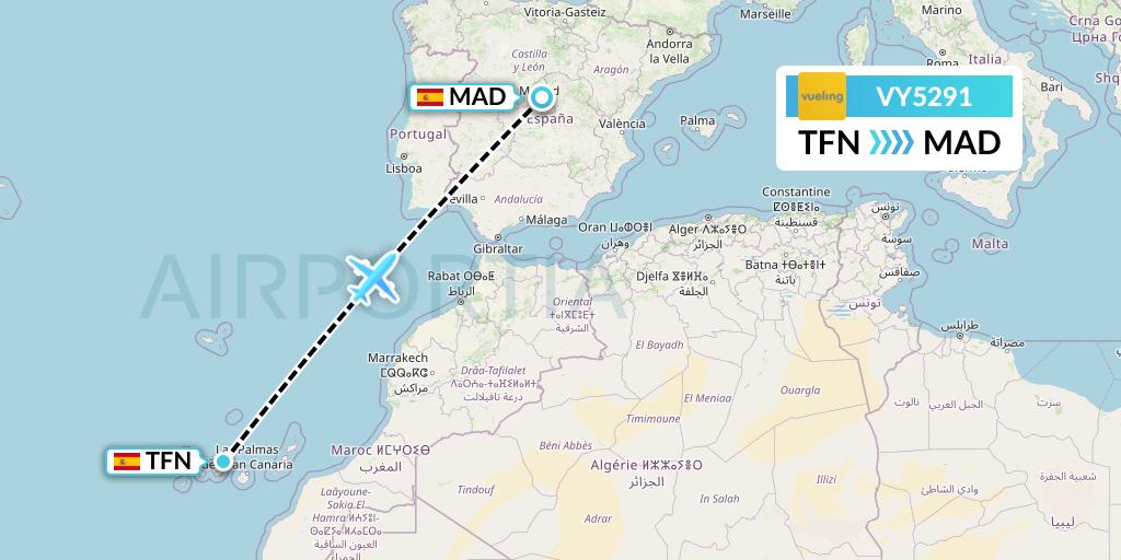 VY5291 Vueling Flight Map: Tenerife to Madrid