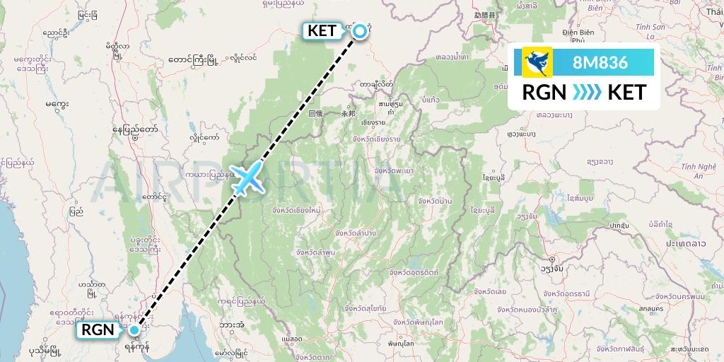 8M836 Myanmar Airways International Flight Map: Yangon to Kengtung