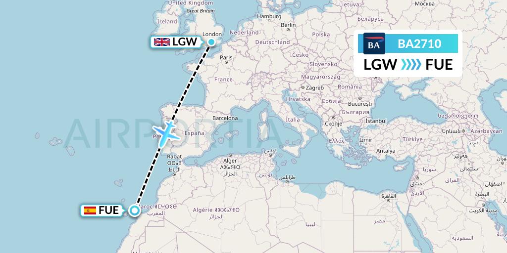 BA2710 British Airways Flight Map: London to Fuerteventura