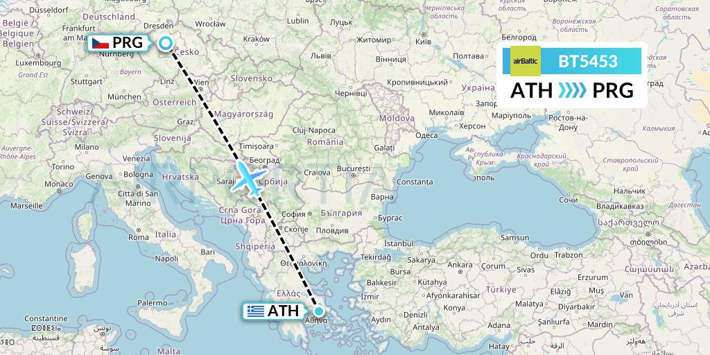 BT5453 Air Baltic Flight Map: Athens to Prague