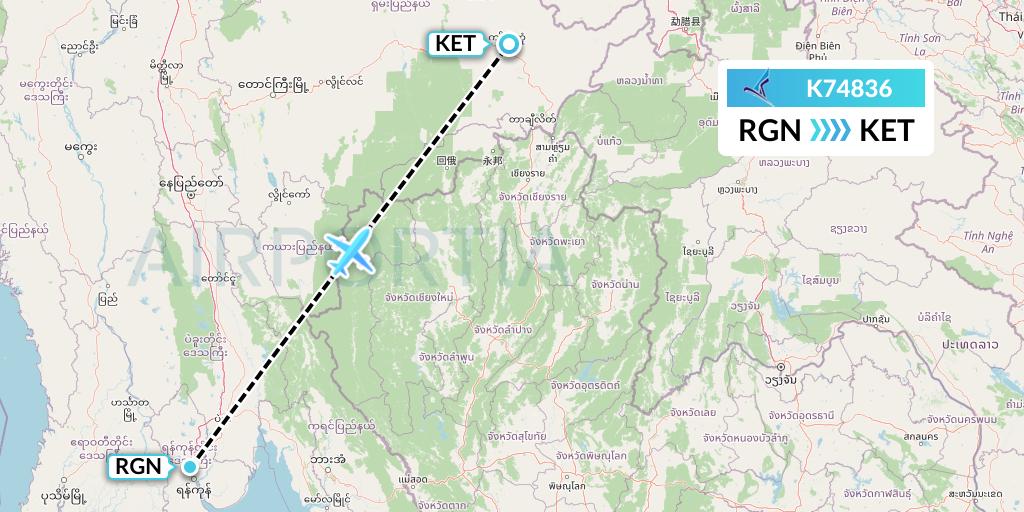 K74836 Air KBZ Flight Map: Yangon to Kengtung