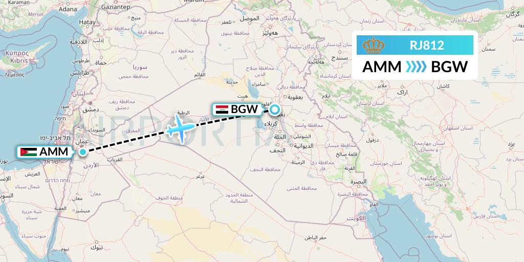 RJ812 Royal Jordanian Flight Map: Amman to Baghdad