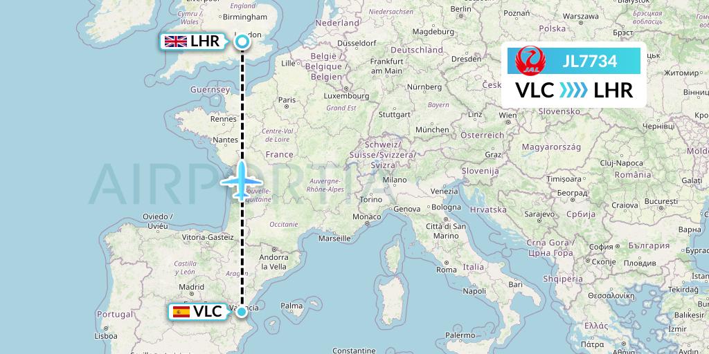 JL7734 Japan Airlines Flight Map: Valencia to London