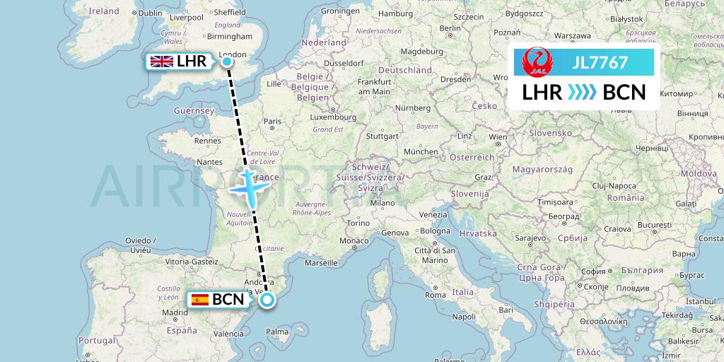 JL7767 Japan Airlines Flight Map: London to Barcelona
