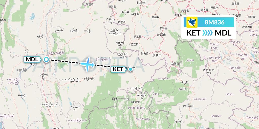 8M836 Myanmar Airways International Flight Map: Kengtung to Mandalay