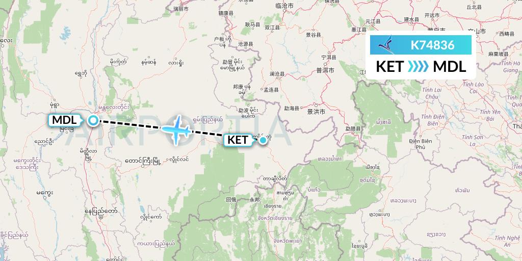 K74836 Air KBZ Flight Map: Kengtung to Mandalay
