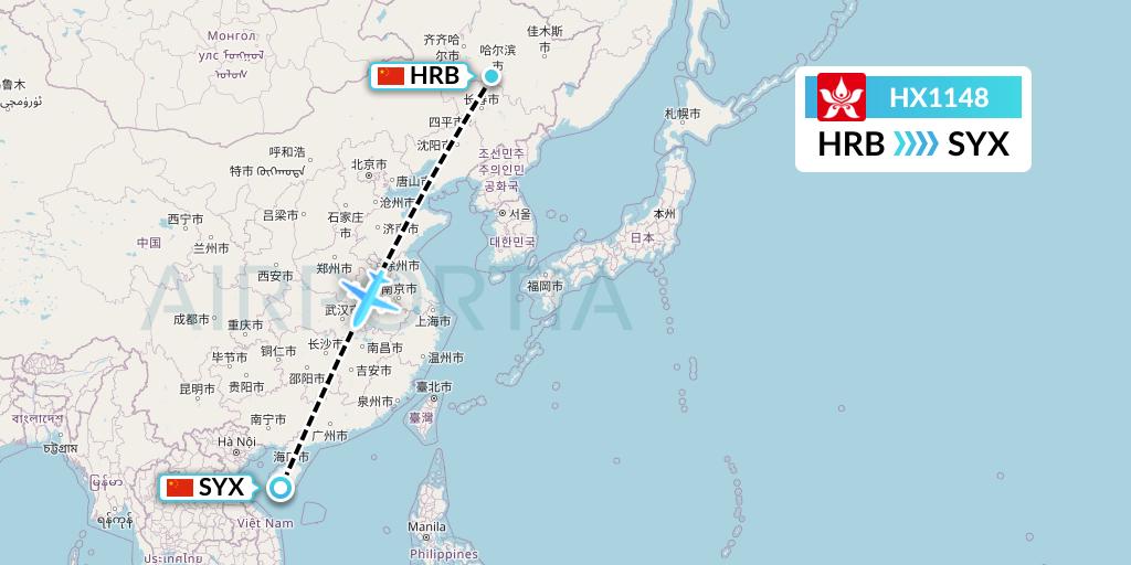HX1148 Hong Kong Airlines Flight Map: Harbin to Sanya